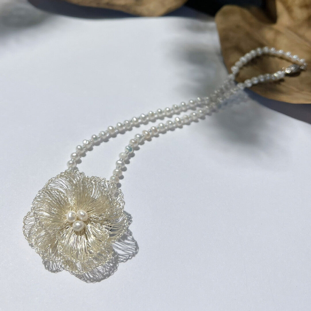 Metal Woven Camellia Freshwater Pearl Earrings