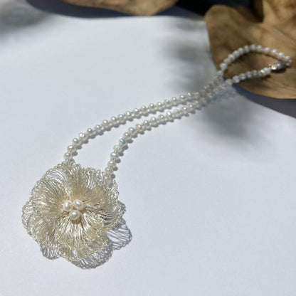 Metal Woven Camellia Freshwater Pearl Earrings