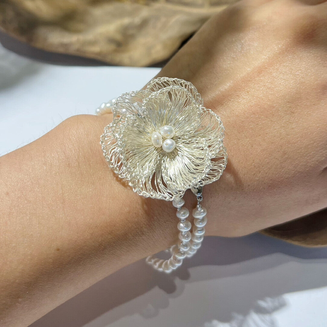 Metal Woven Camellia Freshwater Pearl Earrings