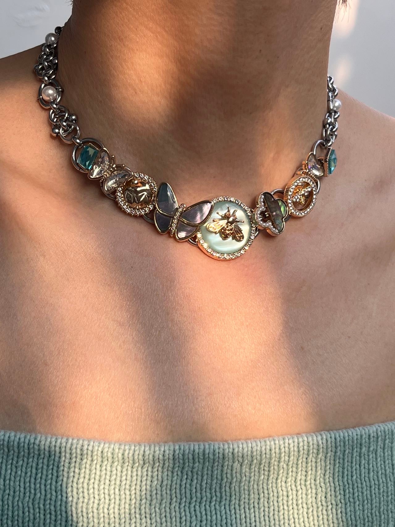 Mint Blue Bee Button Choker