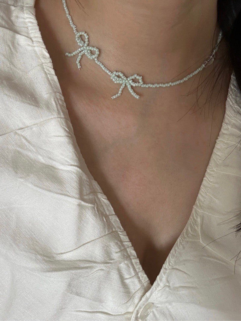 Mint Bow Beaded Necklace