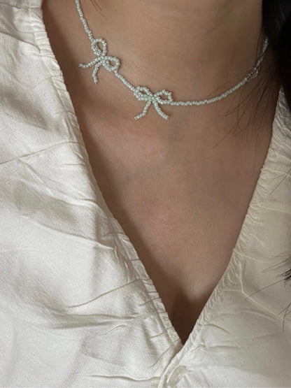 Mint Bow Beaded Necklace