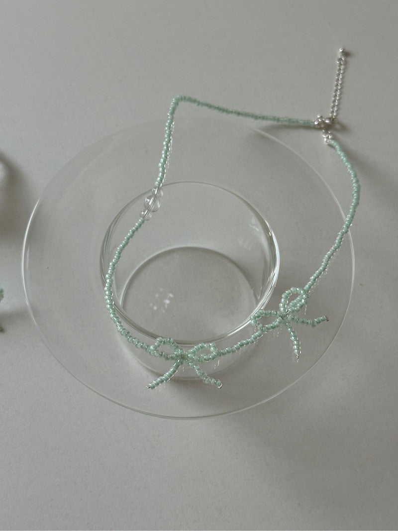 Mint Bow Beaded Necklace