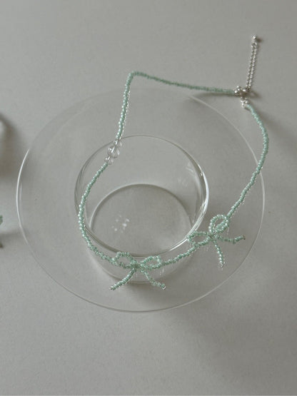 Mint Bow Beaded Necklace