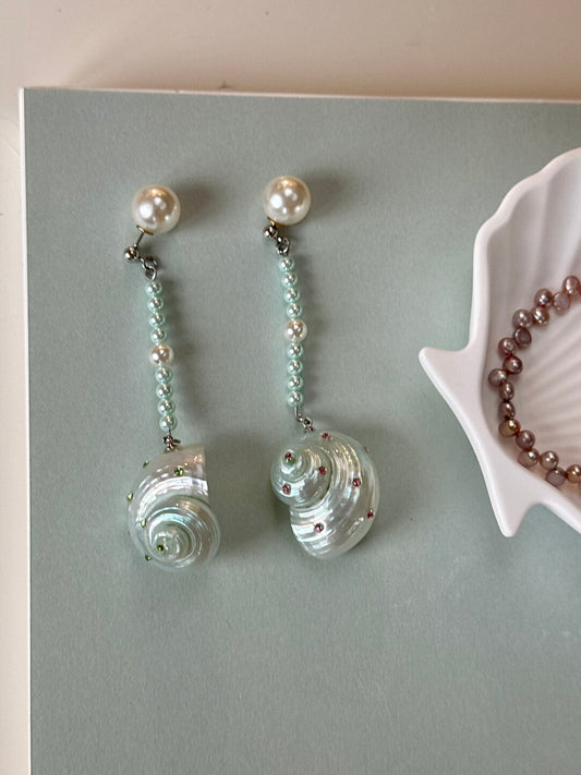 Mint Conch Beaded Earrings