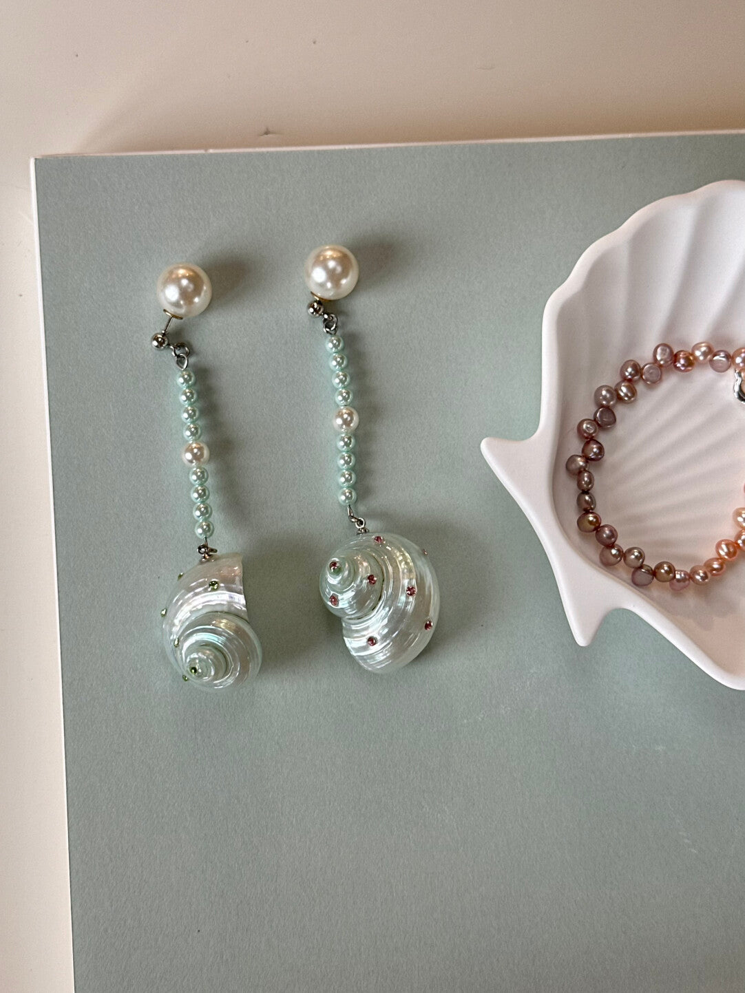 Mint Conch Beaded Earrings