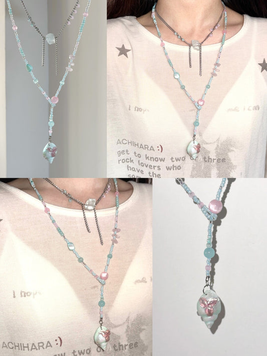 Mint Conch Tassel Beaded Necklace