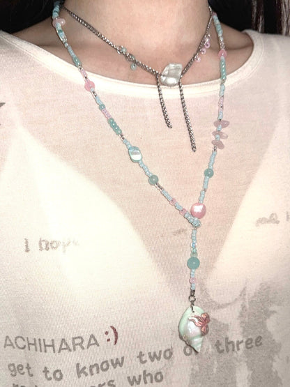 Mint Conch Tassel Beaded Necklace