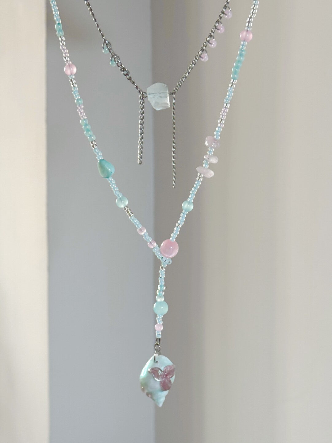 Mint Conch Tassel Beaded Necklace