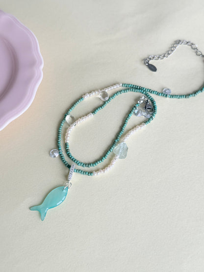 Mint Fish Pendant Beaded Necklace