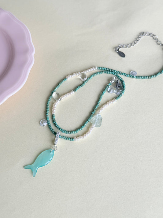 Mint Fish Pendant Beaded Necklace