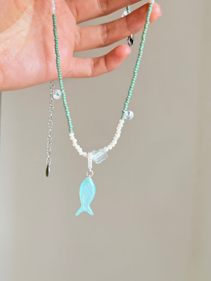 Mint Fish Pendant Beaded Necklace