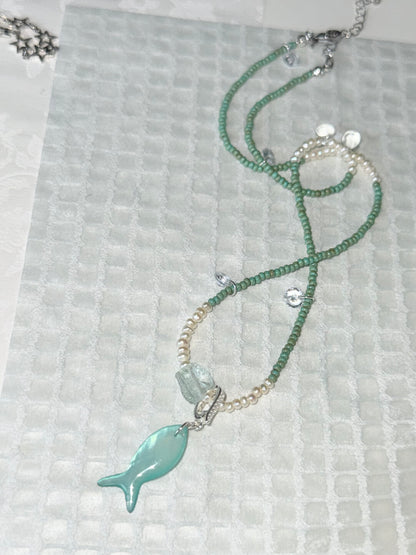 Mint Fish Pendant Beaded Necklace