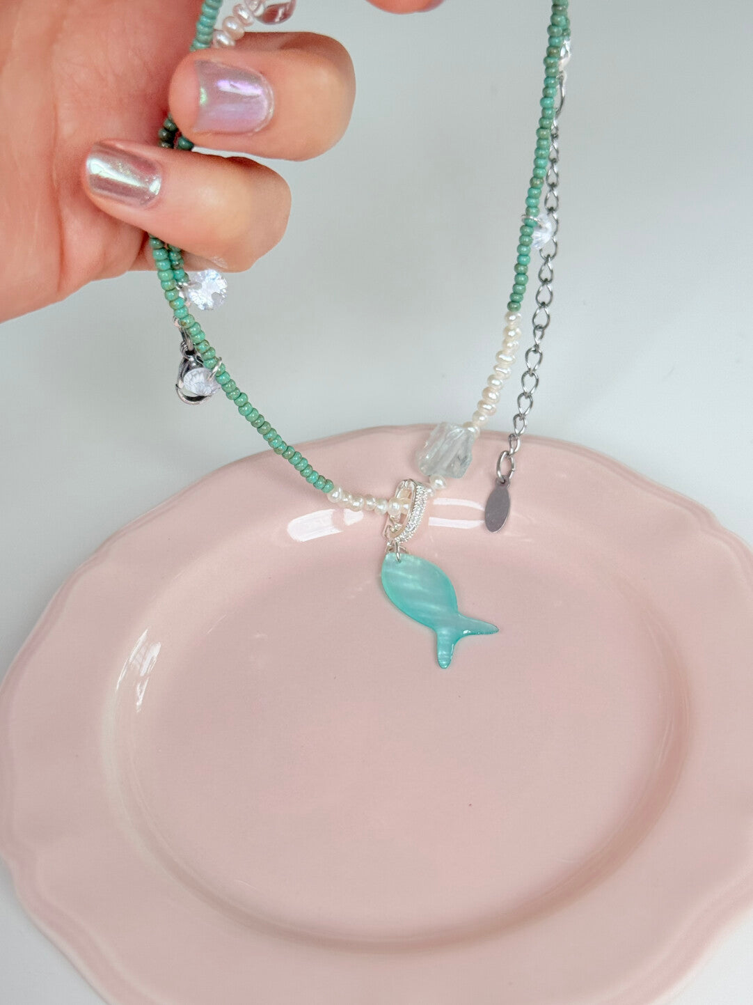 Mint Fish Pendant Beaded Necklace
