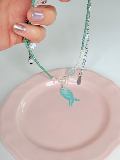 Mint Fish Pendant Beaded Necklace