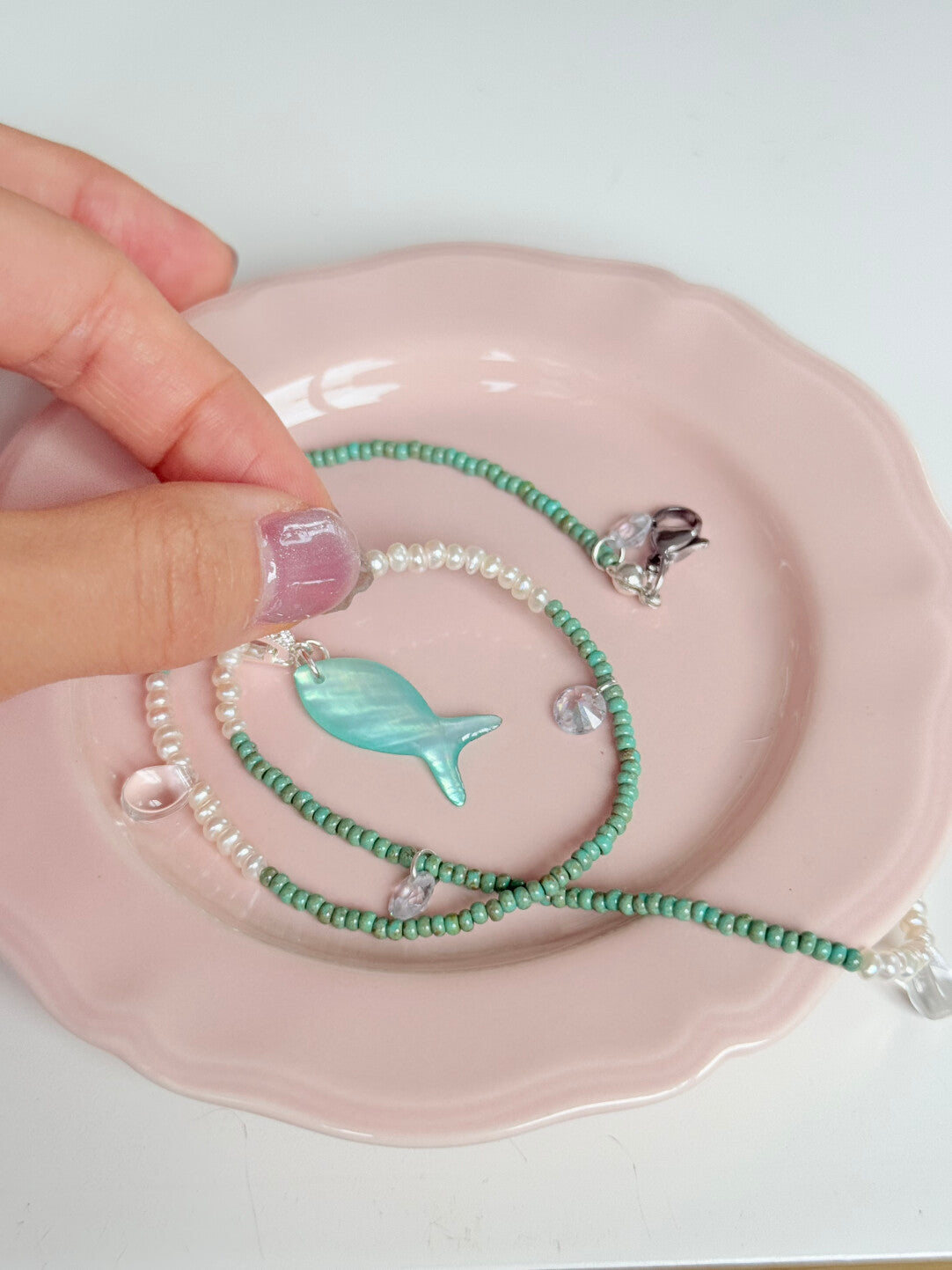 Mint Fish Pendant Beaded Necklace