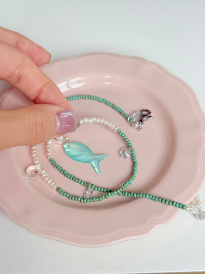 Mint Fish Pendant Beaded Necklace