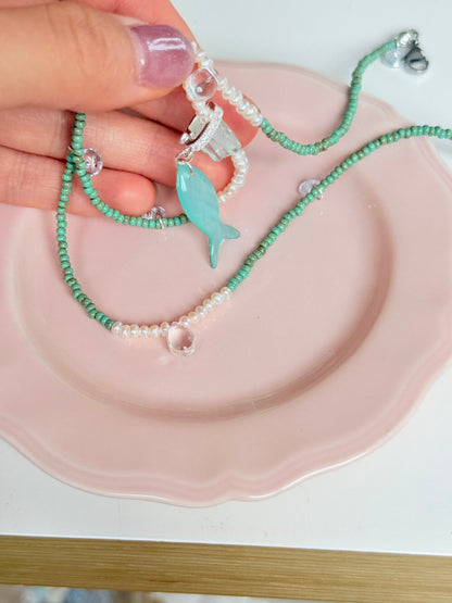 Mint Fish Pendant Beaded Necklace