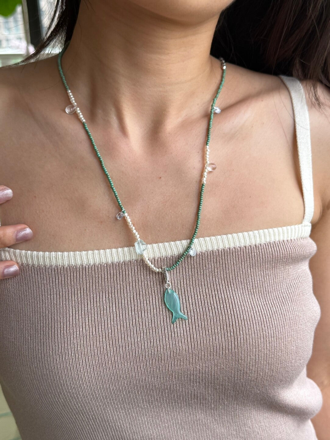 Mint Fish Pendant Beaded Necklace