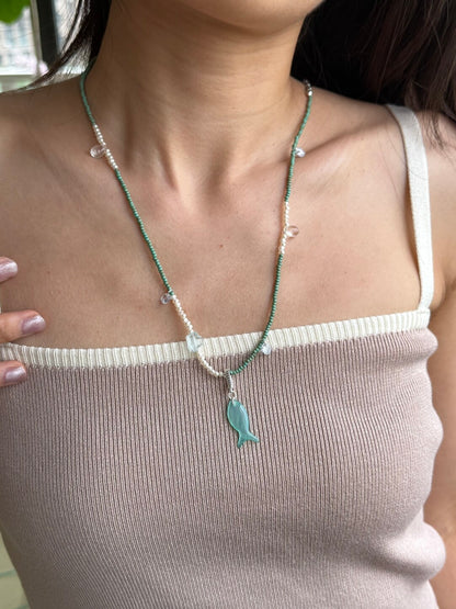 Mint Fish Pendant Beaded Necklace