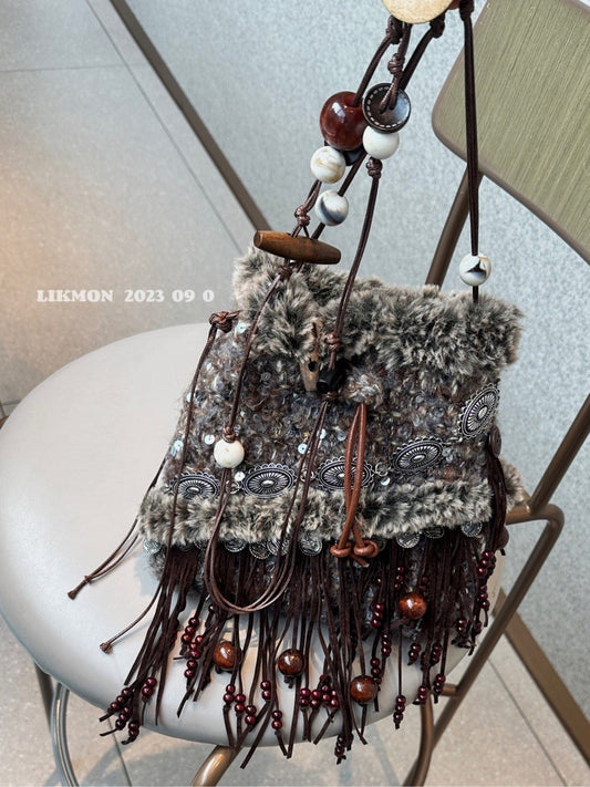 Mocha Crochet Tassel Crossbody Bag