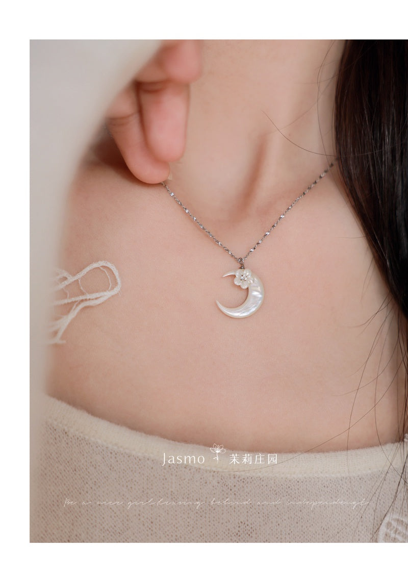 Moon Flower Pendant Silver Necklace