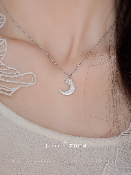 Moon Flower Pendant Silver Necklace