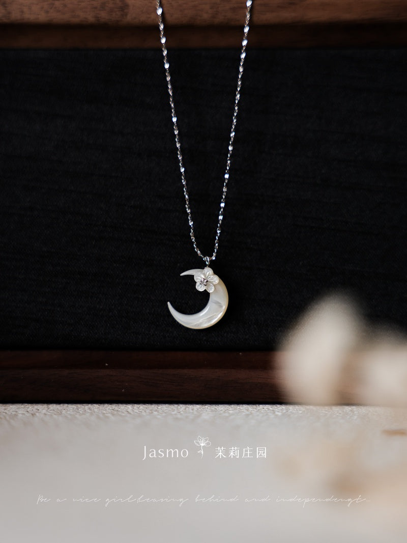 Moon Flower Pendant Silver Necklace