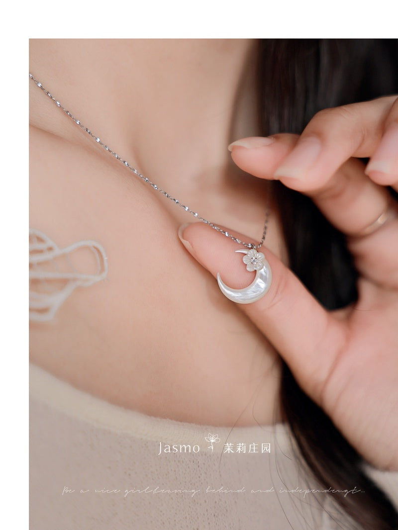 Moon Flower Pendant Silver Necklace