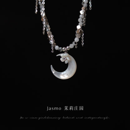 Moon Pendant Tassel Beaded Necklace