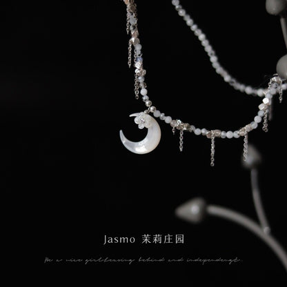 Moon Pendant Tassel Beaded Necklace