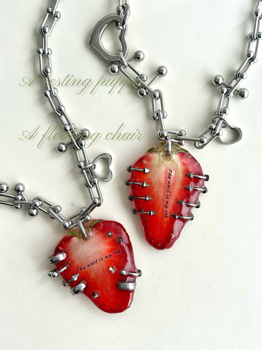 “Nails Are My Ribs” Strawberry Resin Necklace | Necklace | Three Fleas