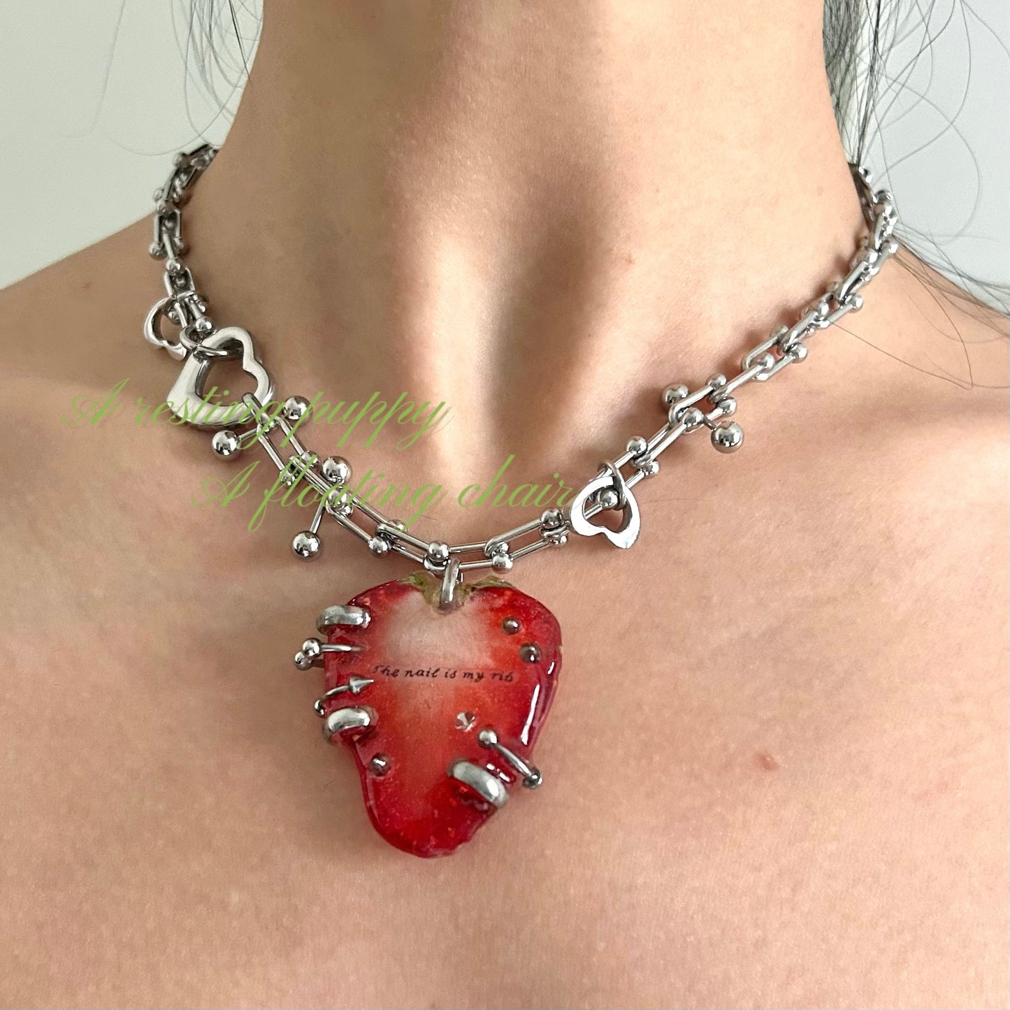 “Nails Are My Ribs” Strawberry Resin Necklace | Necklace | Three Fleas