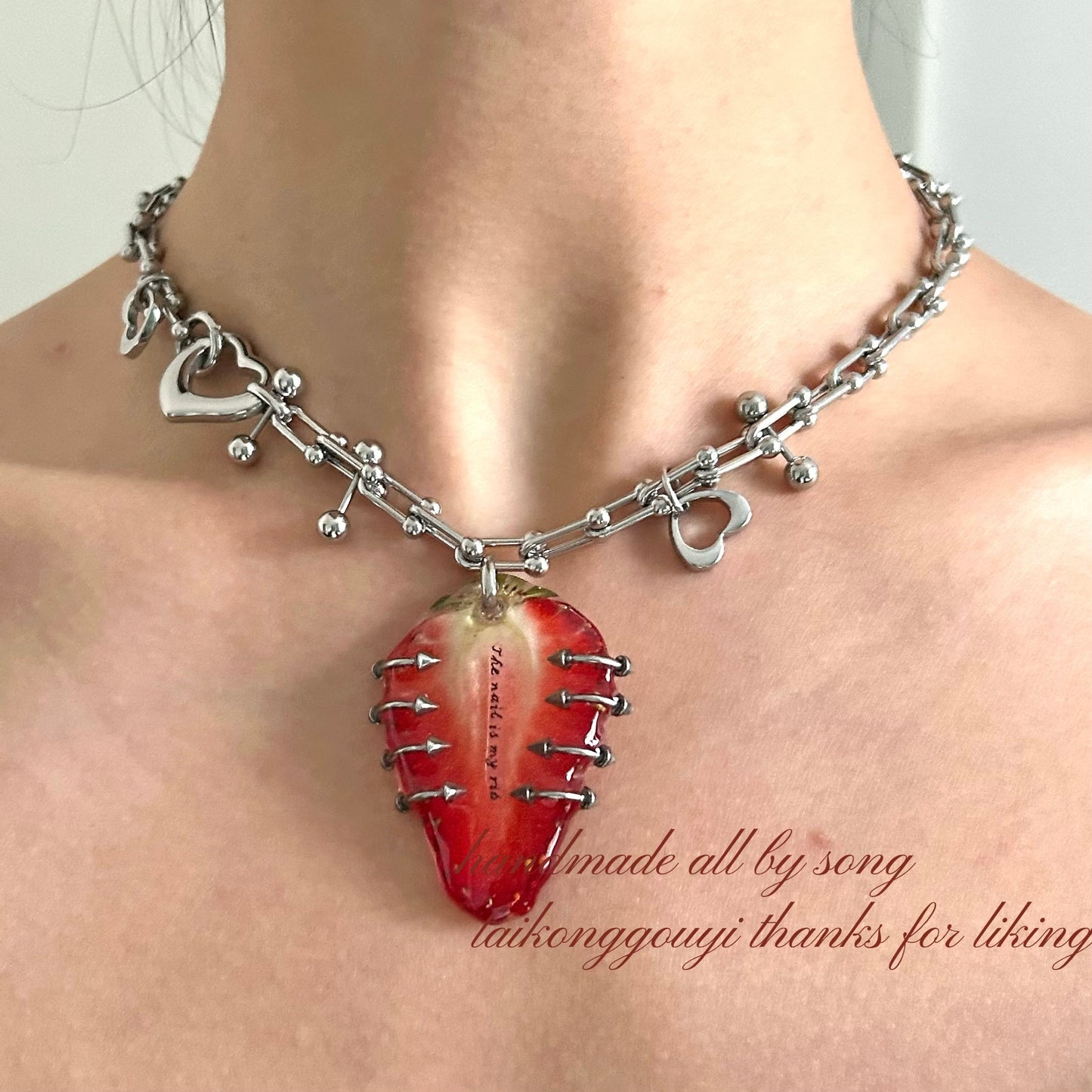 “Nails Are My Ribs” Strawberry Resin Necklace | Necklace | Three Fleas