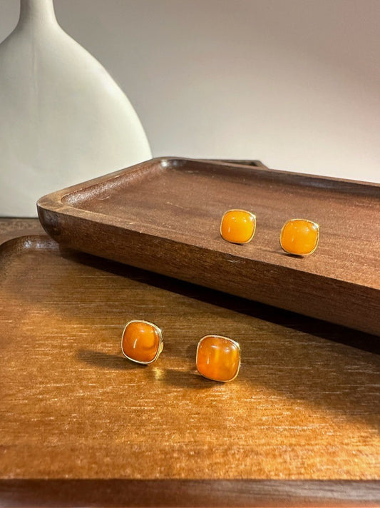 Natural Amber Silver Stud Earrings