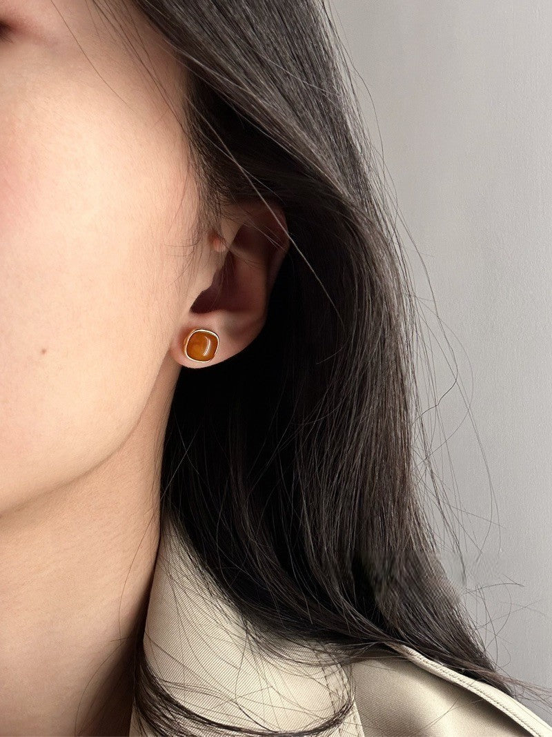 Natural Amber Silver Stud Earrings