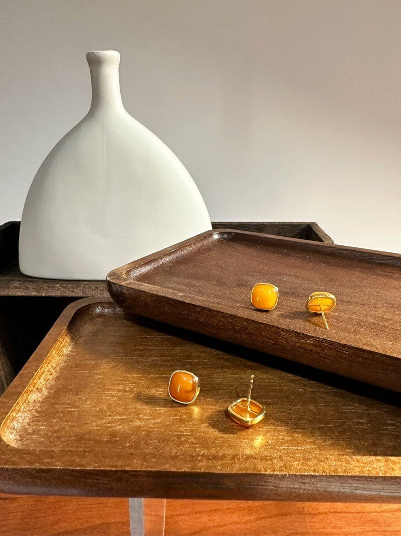 Natural Amber Silver Stud Earrings