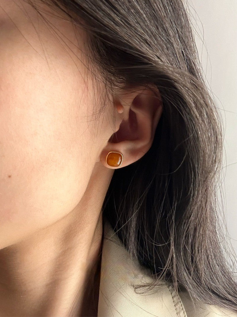Natural Amber Silver Stud Earrings