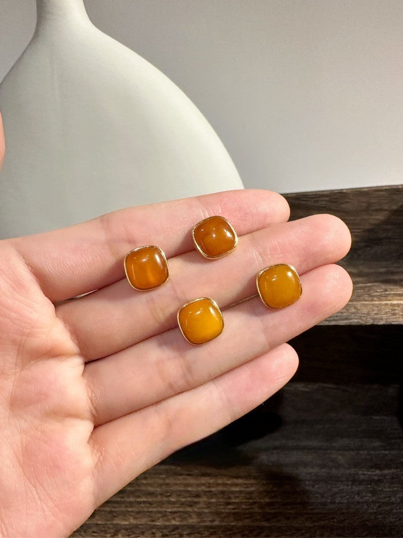Natural Amber Silver Stud Earrings