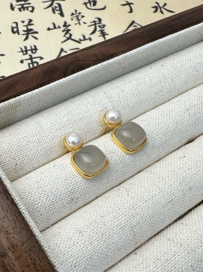Natural Hetian Jade Silver Stud Earrings