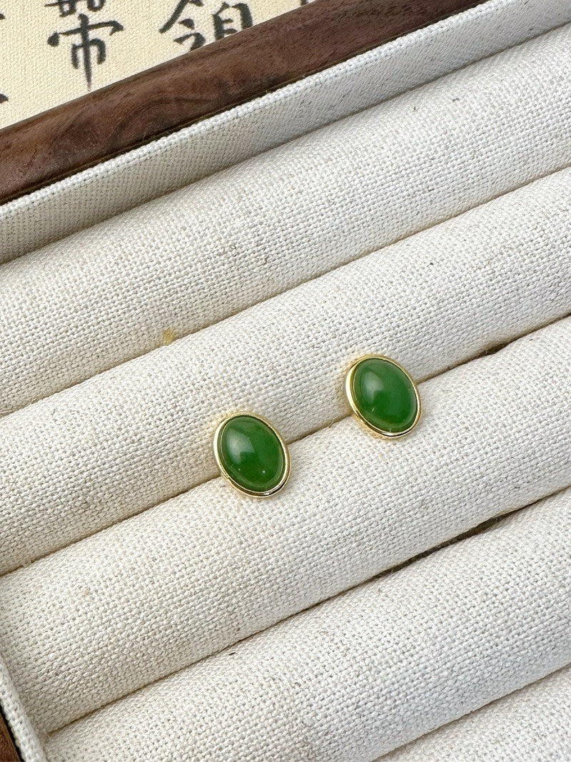 Natural Hetian Jade Silver Stud Earrings