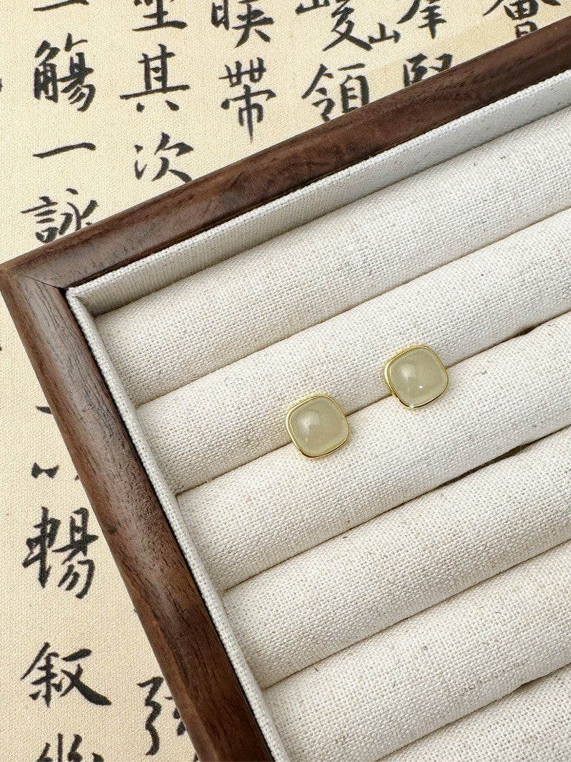 Natural Hetian Jade Silver Stud Earrings