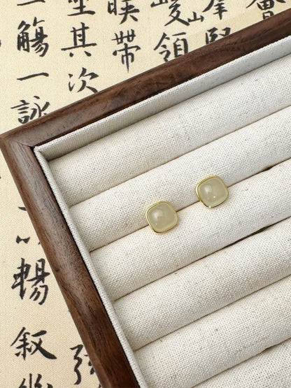 Natural Hetian Jade Silver Stud Earrings