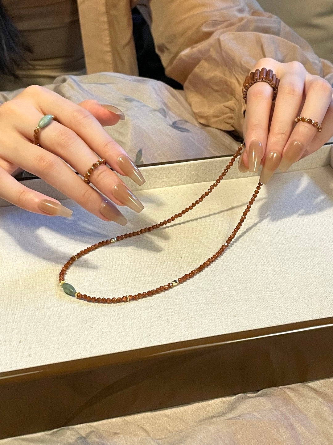 Natural Jade Beaded lotus Necklace Set