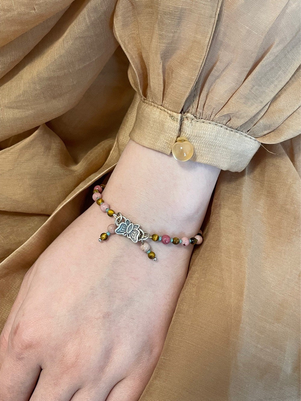 Natural Pink Stones Beaded Butterfly Bracelet