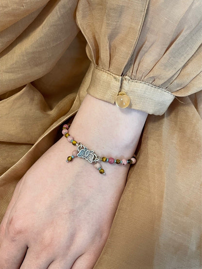 Natural Pink Stones Beaded Butterfly Bracelet