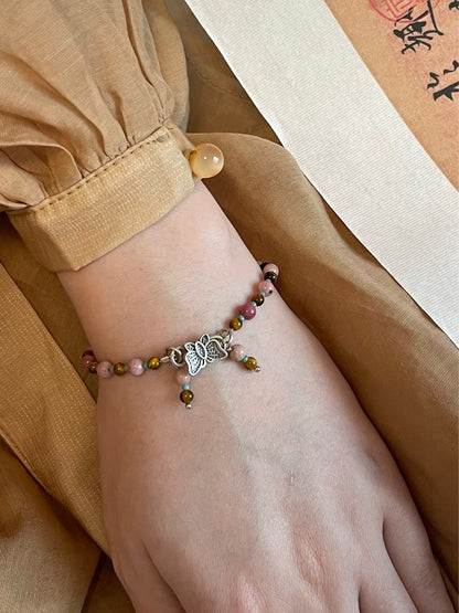 Natural Pink Stones Beaded Butterfly Bracelet