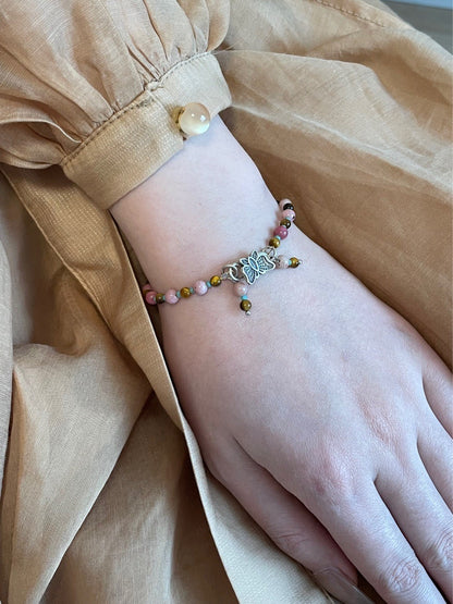 Natural Pink Stones Beaded Butterfly Bracelet