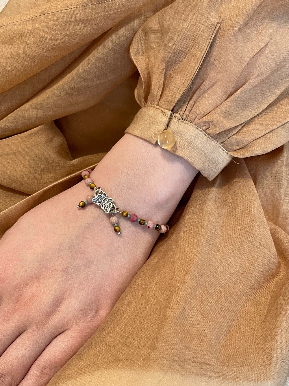 Natural Pink Stones Beaded Butterfly Bracelet