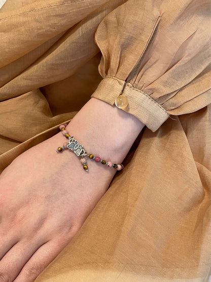 Natural Pink Stones Beaded Butterfly Bracelet